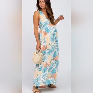 🛍️👗 2 for $20 - Multicolor Leaf Print Sleeveless Maternity Maxi Dress, Medium